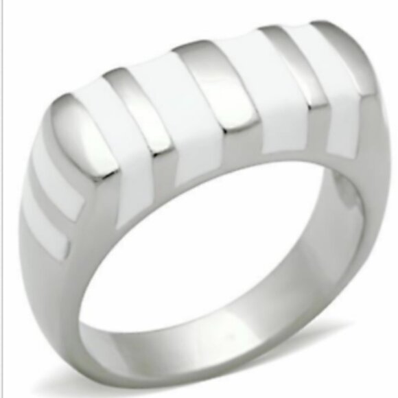 Stainless Steel Cocktail Ring Size 6 7 9 10 Silver White Enamel Stripes Band - Picture 1 of 8